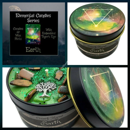 EARTH Element Candle or Wax Melts - Elemental Candles Series with Embedded Tiger's Eye Crystals