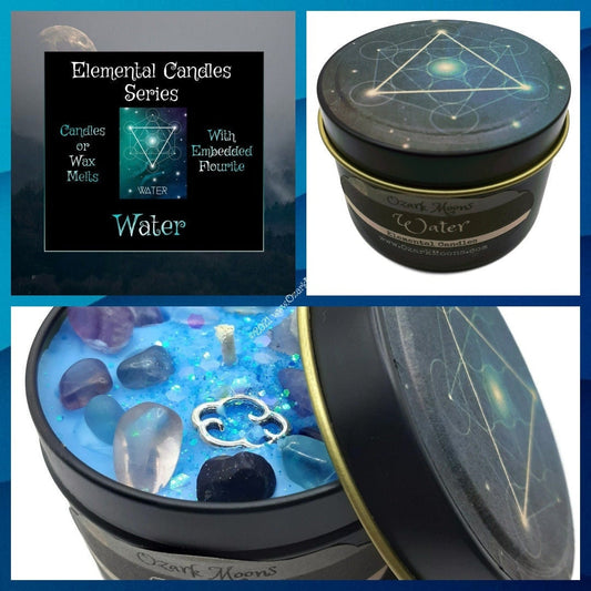 WATER Element Candle or Wax Melts - Elemental Candles Series with Embedded Rainbow Fluorite Crystals