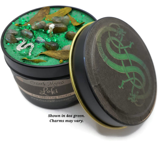 LOKI 4 oz Norse Trickster God of Chaos - Mistletoe and Labradorite - Soy Candle Scented - Pagan, Wicca, Wiccan, Heathen Offering Candles