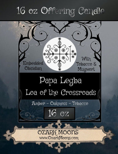 PAPA LEGBA 16 oz Candle Loa of the Crossroads with Obsidian Crystals , Mugwort, Cowrie Shells - Voodoo Hoodoo Offering Ritual Candle