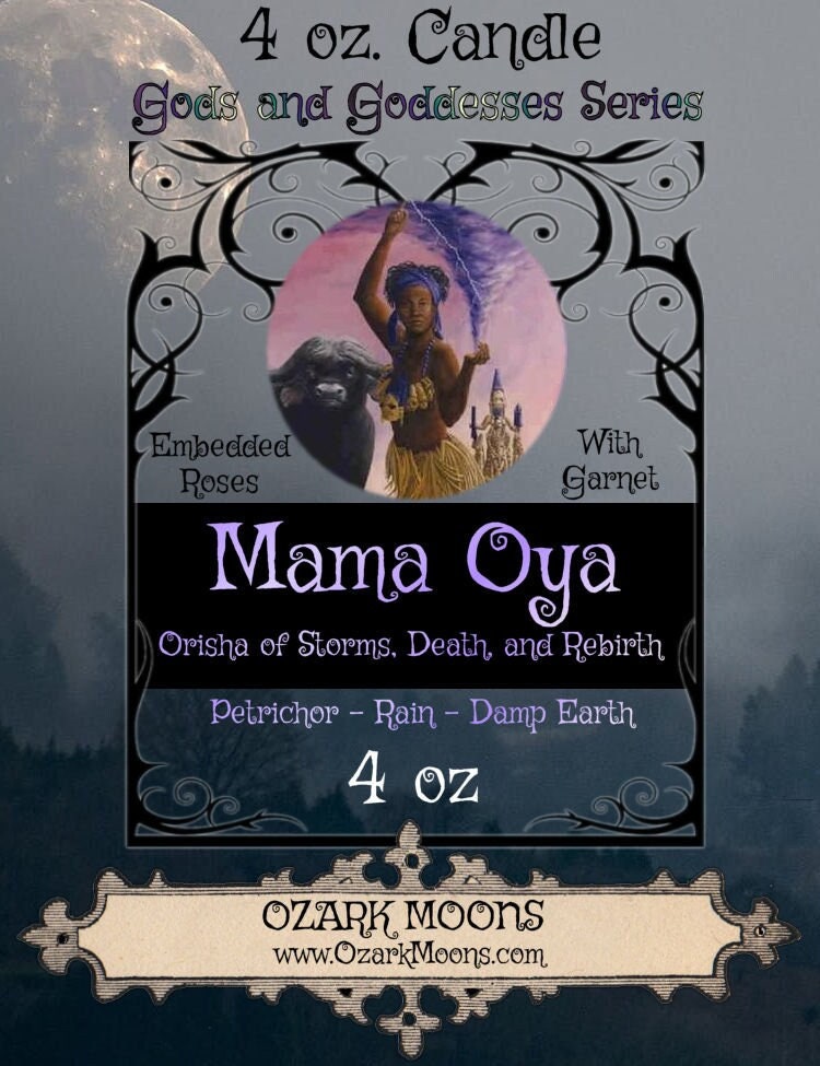 MAMA OYA 4 oz Candle Orisha of Women, Thunderstorms, Death, and Rebirth with Roses and Garnet Crystals - Santeria Voodoo Candles Offering