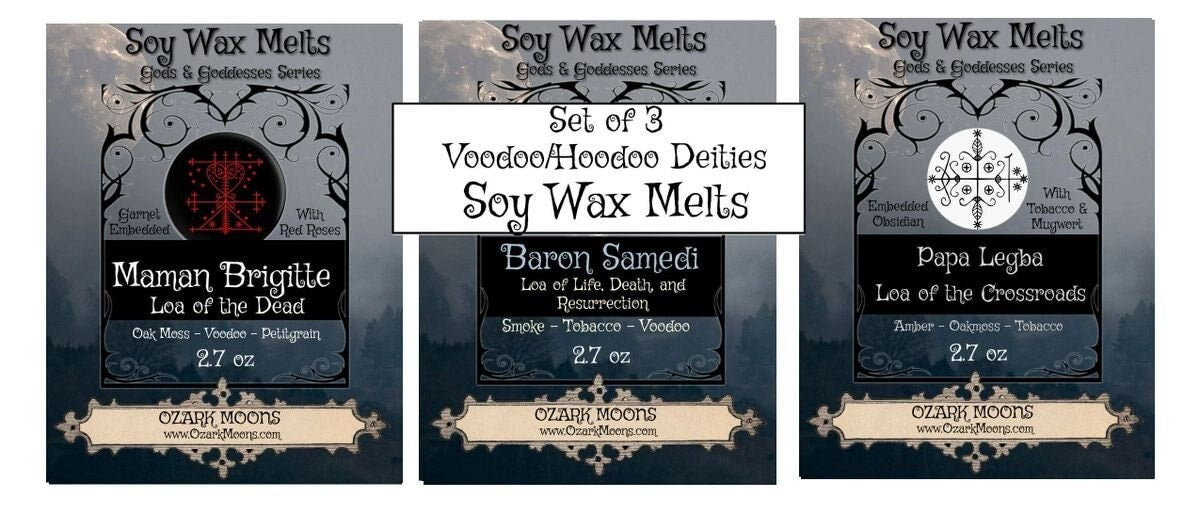 Set of Three Voodoo Hoodoo Deities Scented Wax Melts For Pagans, Wiccans, Santaria, Maman Brigitte, Baron Samedi, Papa Legba, Loa, Iwa
