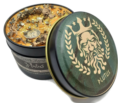 PLUTUS Greek God of Wealth - Offering Wax with Patchouli and Iron Pyrite Crystals - Soy Candle Tarts Highly Scented - Pagan, Wicca, Wiccan