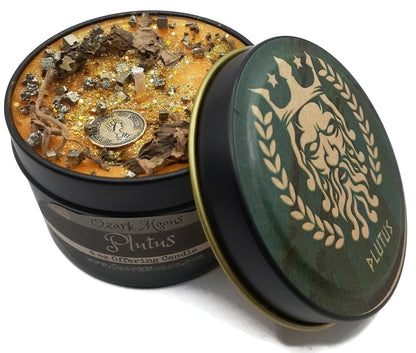 PLUTUS Greek God of Wealth - Offering Wax with Patchouli and Iron Pyrite Crystals - Soy Candle Tarts Highly Scented - Pagan, Wicca, Wiccan