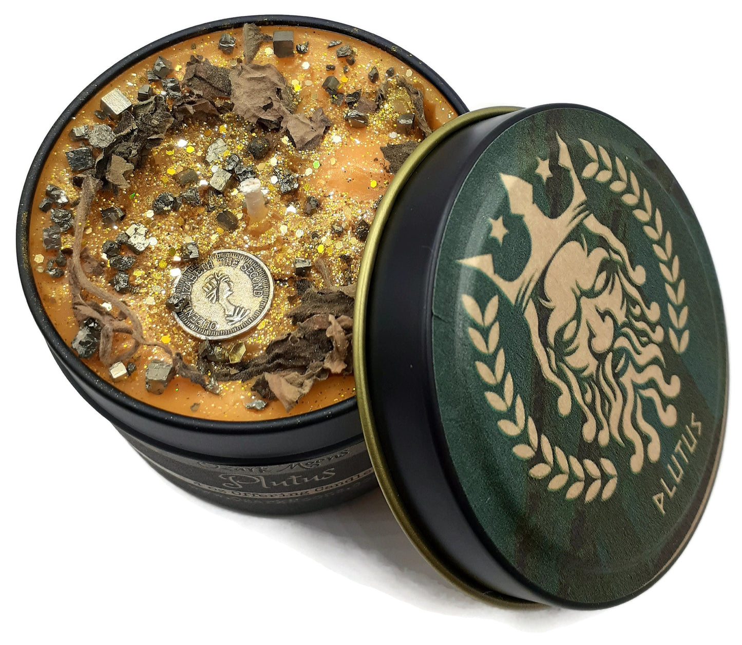 PLUTUS Greek God of Wealth - Offering Wax with Patchouli and Iron Pyrite Crystals - Soy Candle Tarts Highly Scented - Pagan, Wicca, Wiccan