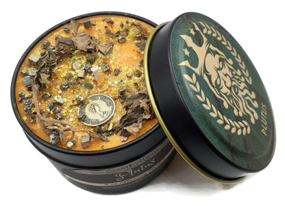 PLUTUS Greek God of Wealth - Offering Wax with Patchouli and Iron Pyrite Crystals - Soy Candle Tarts Highly Scented - Pagan, Wicca, Wiccan