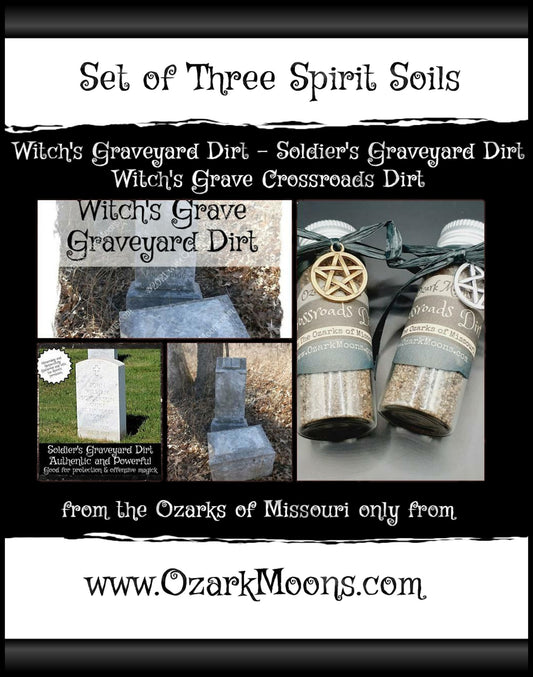 Set of All Three Spirit Soils - Witch's Grave Graveyard Dirt, Combat Soldier Cemetery Soil, Crossroads Dirt - Pagan Witch Spell Ingredients