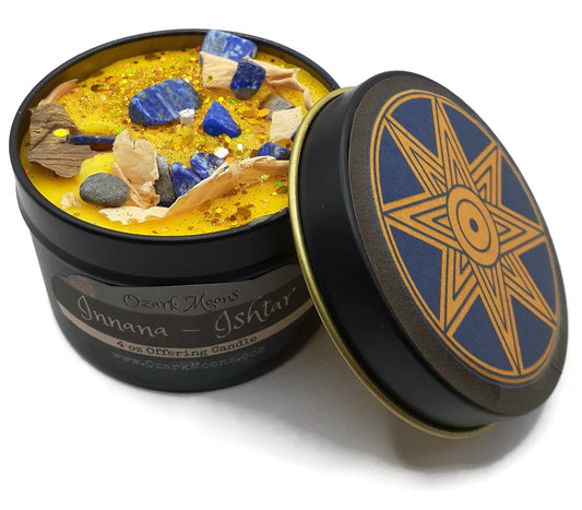 INANNA (Ishtar) 4oz Sumerian Goddess of Love and War Offering Candle - Amber Musk with Lapis Lazuli and White Lotus - Pagan, Wicca, Wiccan