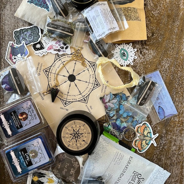 Mystery Box for Pagans, Witches with Curios, Crystals, Herbs, Candles, Tea, Incense, Wax Melts - Magickal Witchcraft Grab Bag - Free Gifts