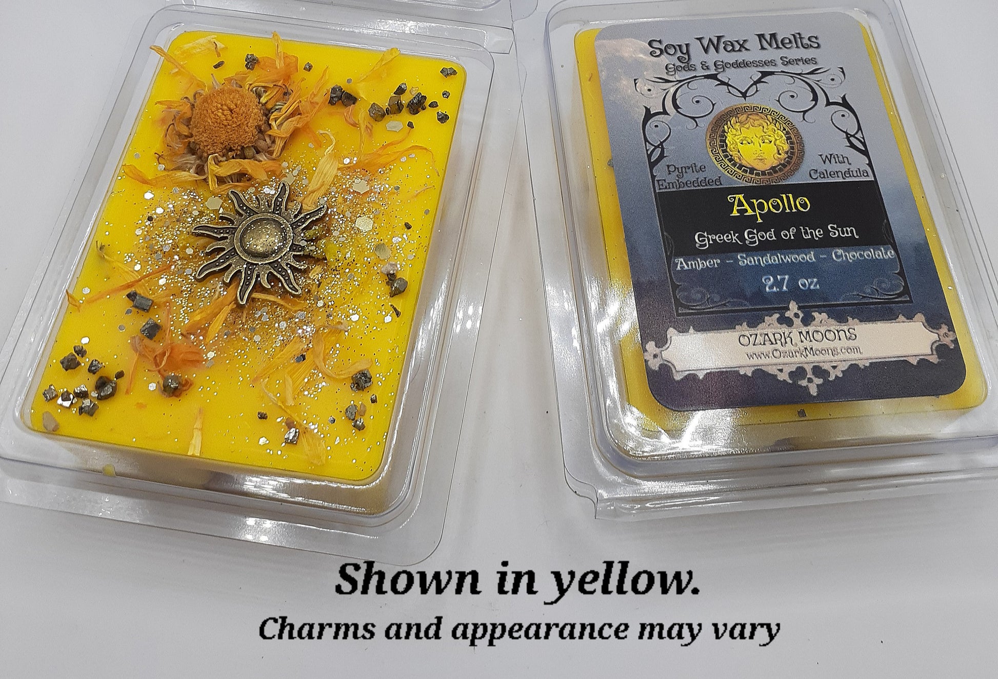 APOLLO Greek God of the Sun Candles or Wax Melts with Pyrite Crystals and Calendula Flowers Tarts Highly Scented - Pagan Wiccan Wicca