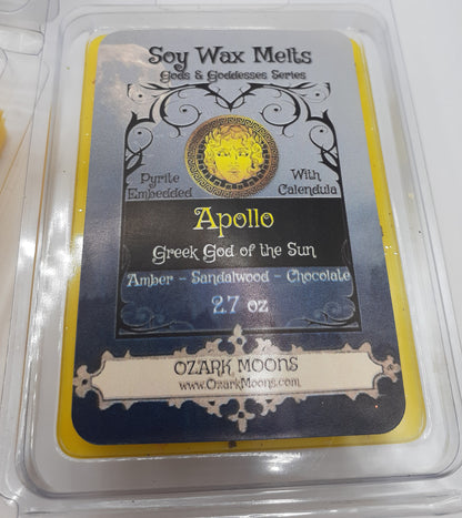 APOLLO Greek God of the Sun Candles or Wax Melts with Pyrite Crystals and Calendula Flowers Tarts Highly Scented - Pagan Wiccan Wicca