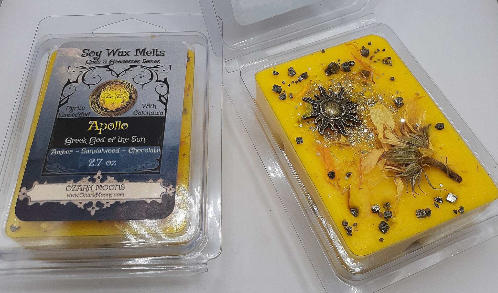 APOLLO Greek God of the Sun Candles or Wax Melts with Pyrite Crystals and Calendula Flowers Tarts Highly Scented - Pagan Wiccan Wicca