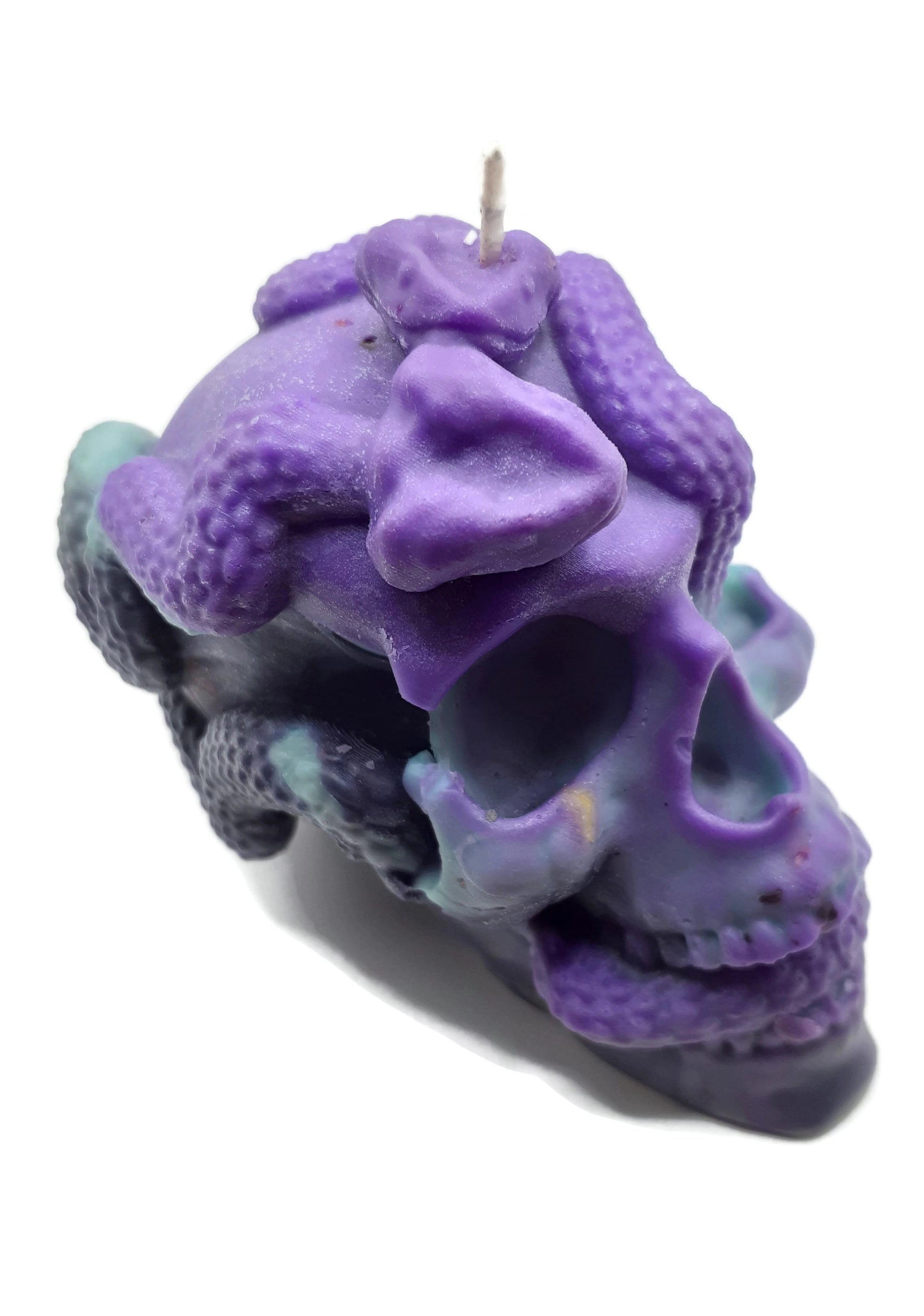 Purple, Teal, and Black Pastels One-of-a-Kind Human Skull & Snakes Candle 2.75"x4"- Candles of Skulls - Pagan Wicca Wiccan Altar Decorations