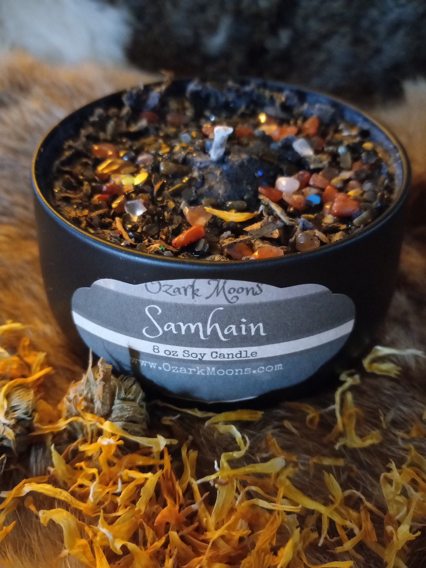 SAMHAIN Sabbat Candle Tins or Wax Melts with Black Obsidian and Calendula Petals Black Soy Candle Tarts Highly Scented - Pagan Wiccan Wicca