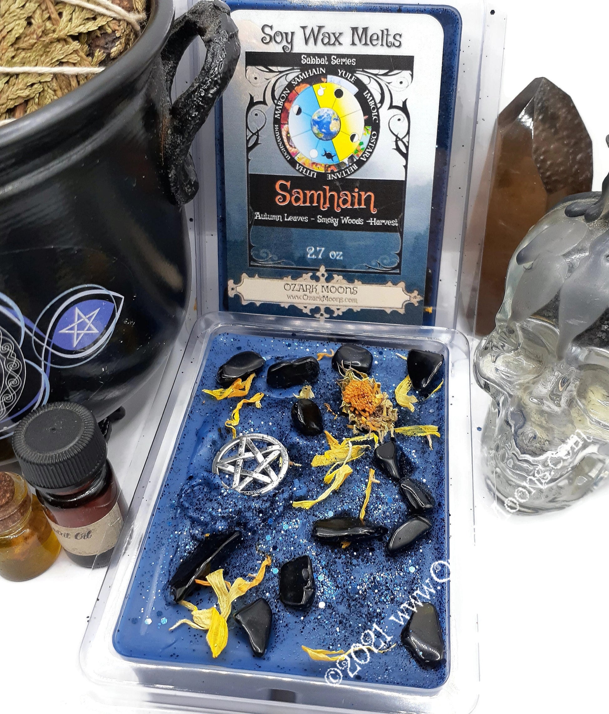 SAMHAIN Sabbat Candle Tins or Wax Melts with Black Obsidian and Calendula Petals Black Soy Candle Tarts Highly Scented - Pagan Wiccan Wicca