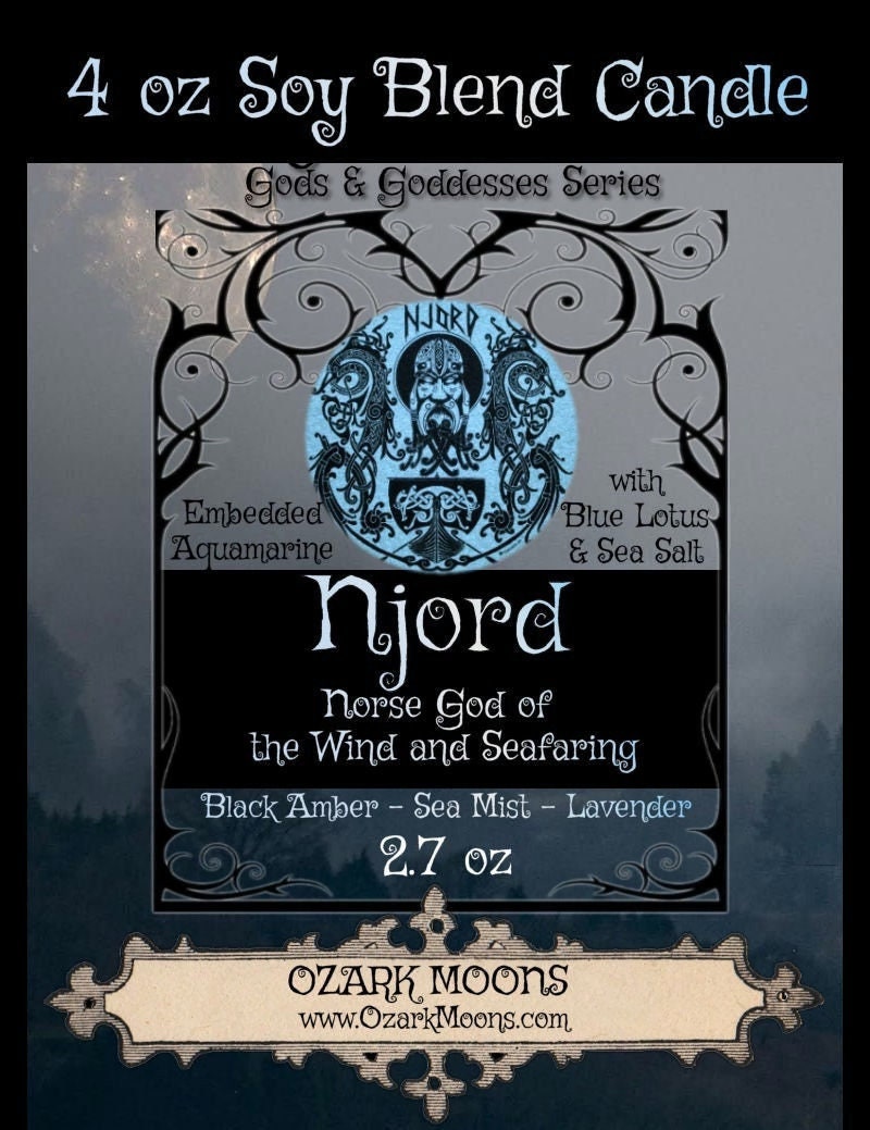 NJORD Norse God of Wind Seafaring 4oz Soy Candle - Amber Musk and Lavender - Sea Salt, Aquamarine, Blue Lotus, Ocean, Witch Candles Pagan