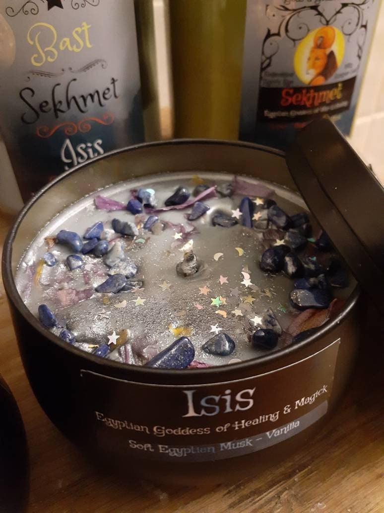 ISIS Egyptian Goddess of Healing, Magick, Love, Motherhood, Fertility Ritual Wax Melts or Candles (Blue Lotus & Lapis Lazuli) Vanilla Musk