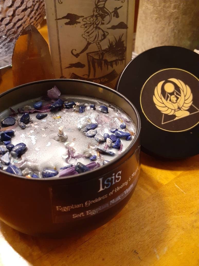 ISIS Egyptian Goddess of Healing, Magick, Love, Motherhood, Fertility Ritual Wax Melts or Candles (Blue Lotus & Lapis Lazuli) Vanilla Musk