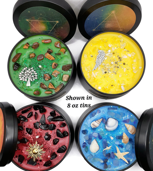 Set of ALL FOUR Earth, Air, Fire, Water Element Candles or Wax Melts - Elemental Candles Series with Embedded Crystals.
