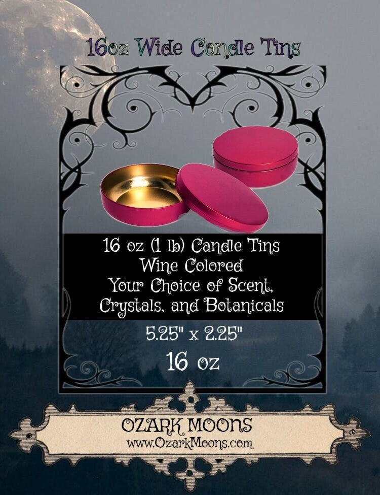 16 oz Scented Candles in NEW Black Candle Tin – Your Scent Choice and Color, with crystals and herbs - over 72+hr burn time - Pagan, Wicca