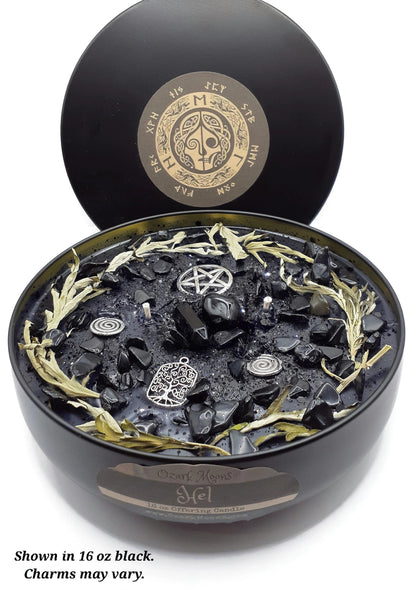 HEL 16 oz Norse Goddess and Jotunn of the Underworld and the Dead Offering Ritual Candle With Obsidian and Wormwood - Witch Candles Pagan