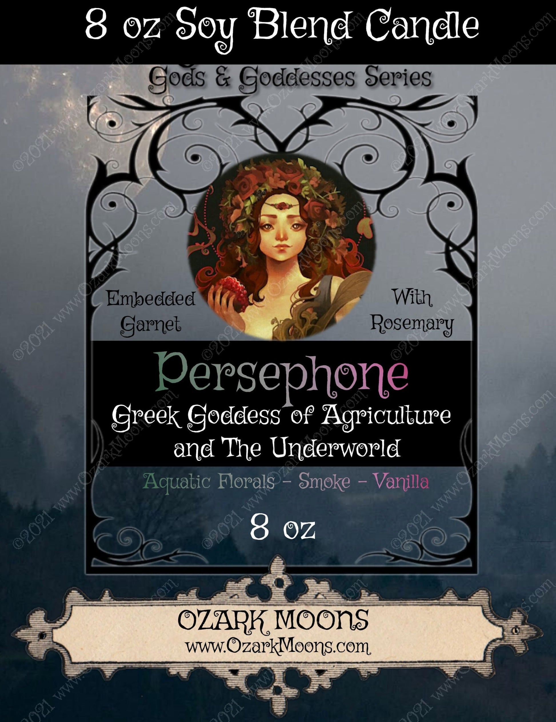 PERSEPHONE 8oz Greek Goddess of the Underworld and Agriculture Crystal Candle With Red Garnet and Rosemary - Mythology, Wicca, Pagan, Witch