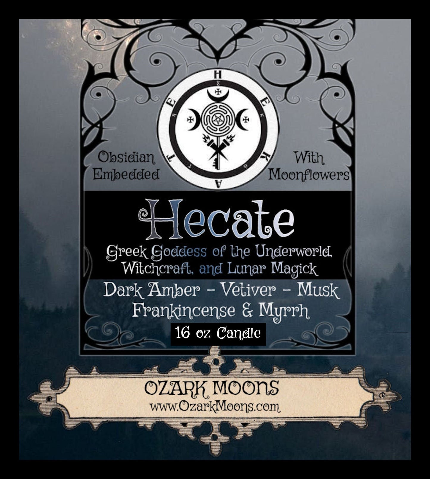 HECATE (Hekate) 16oz Greek Goddess of Witchcraft, the Underworld, Lunar Magic Candle w Obsidian - Musky Amber Vetiver - Witch Candles Pagan