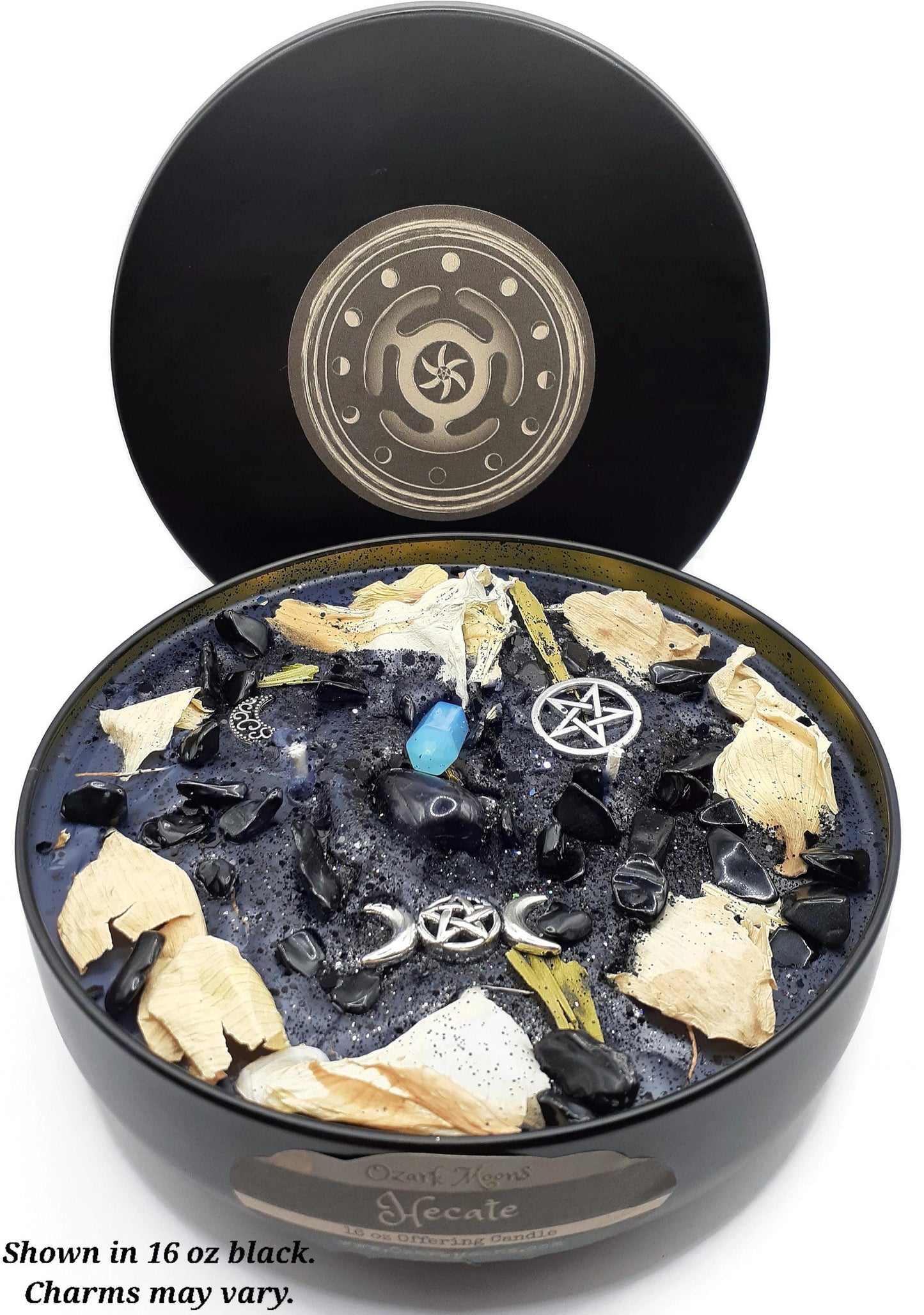 HECATE (Hekate) 16oz Greek Goddess of Witchcraft, the Underworld, Lunar Magic Candle w Obsidian - Musky Amber Vetiver - Witch Candles Pagan