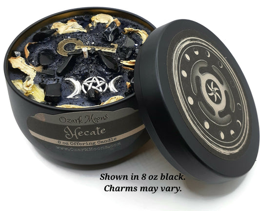 HECATE (Hekate) 8oz Greek Goddess of Witchcraft, the Underworld, Lunar Magic Candle - Musky Amber with Obsidian & Moonflowers - Witch Pagan