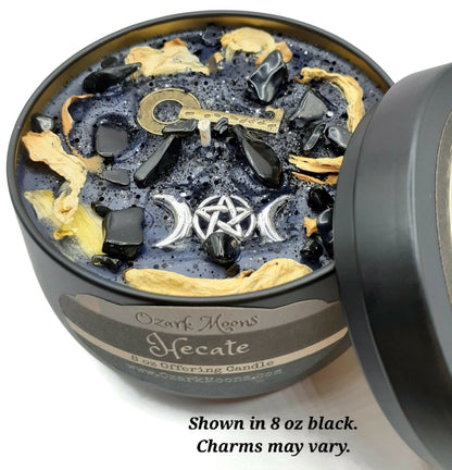 HECATE (Hekate) 8oz Greek Goddess of Witchcraft, the Underworld, Lunar Magic Candle - Musky Amber with Obsidian & Moonflowers - Witch Pagan