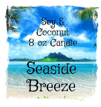 8 oz Candle Seaside Breeze - Soy Coconut Candles with Beautiful Ocean Water Fragrance in Tin with Lid with choice of Crystals and/or Herbs
