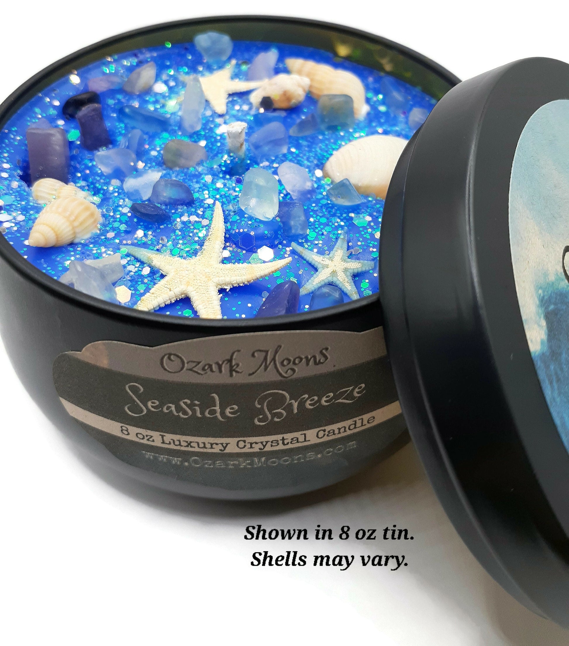 8 oz Candle Seaside Breeze - Soy Coconut Candles with Beautiful Ocean Water Fragrance in Tin with Lid with choice of Crystals and/or Herbs