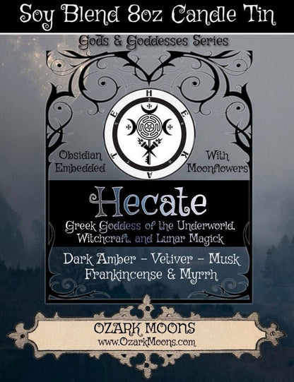 HECATE (Hekate) 8oz Greek Goddess of Witchcraft, the Underworld, Lunar Magic Candle - Musky Amber with Obsidian & Moonflowers - Witch Pagan