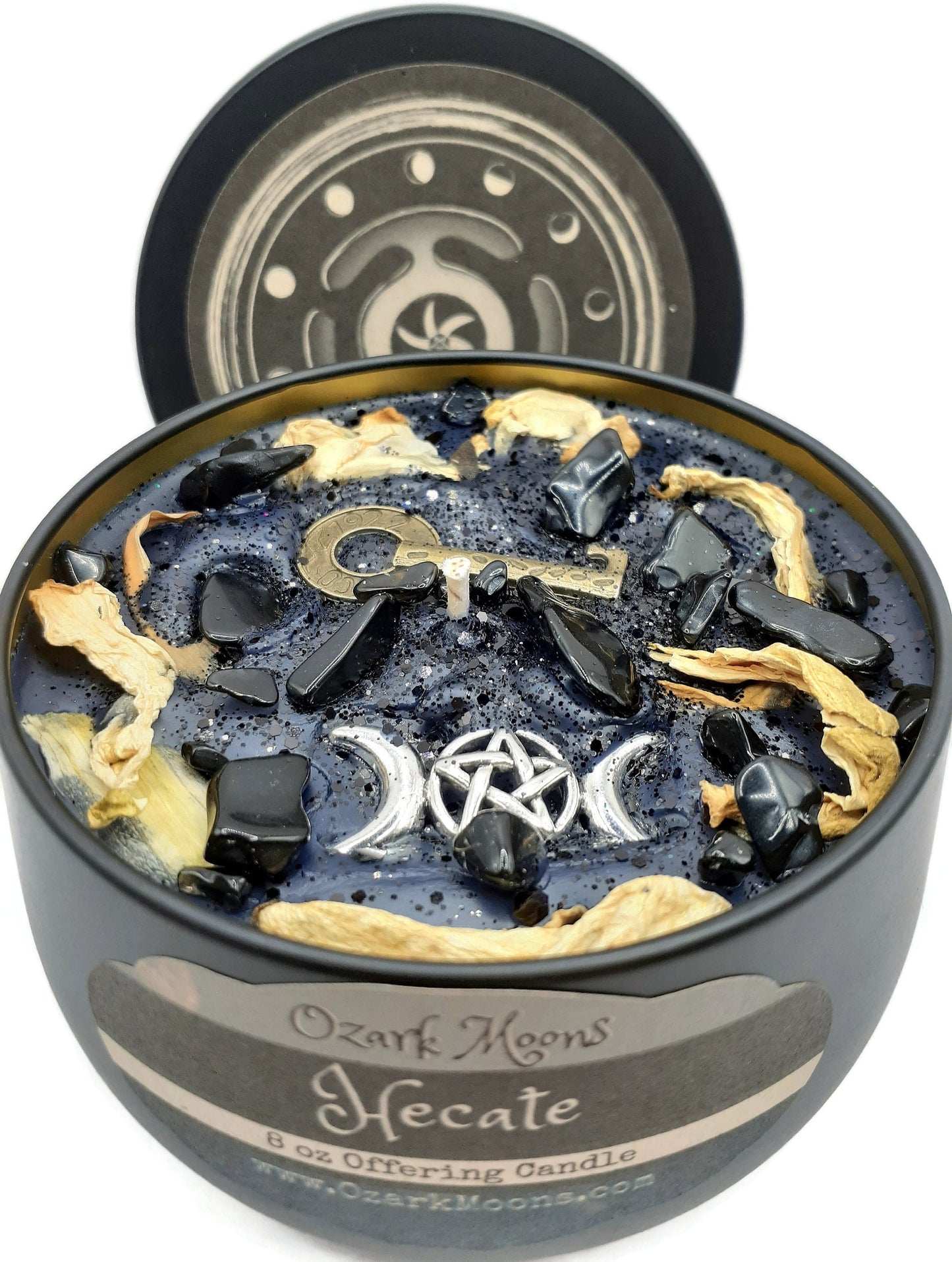 HECATE (Hekate) 8oz Greek Goddess of Witchcraft, the Underworld, Lunar Magic Candle - Musky Amber with Obsidian & Moonflowers - Witch Pagan